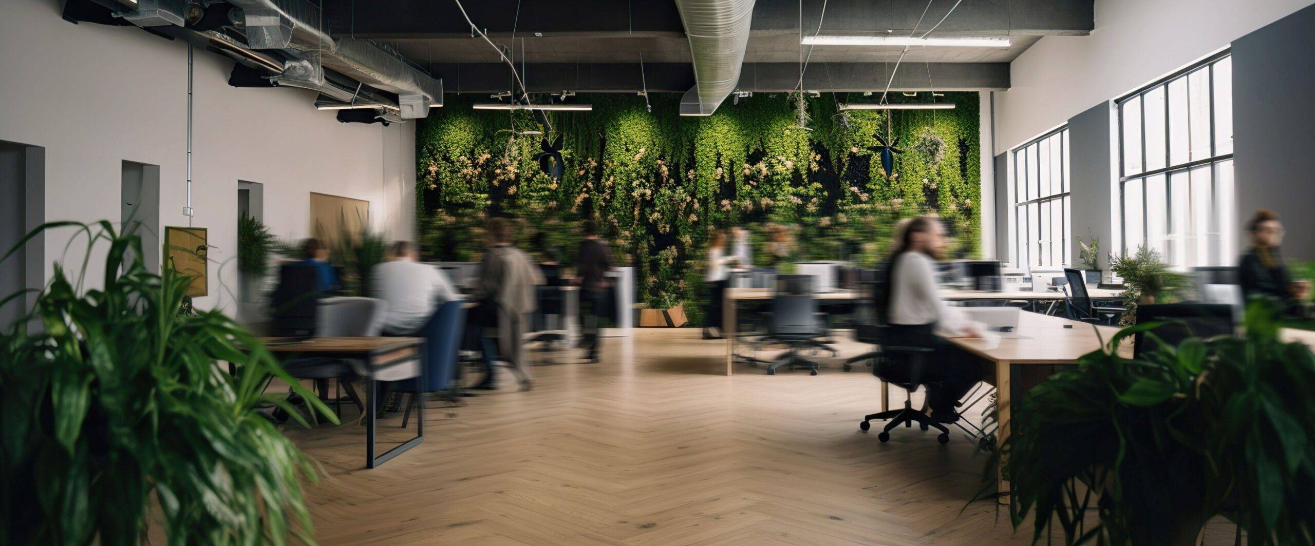 Langzeitbelichtung eines Besprechungsraums mit Menschen in einem modernen grünen Büro. Büroeinrichtung. Generative KI