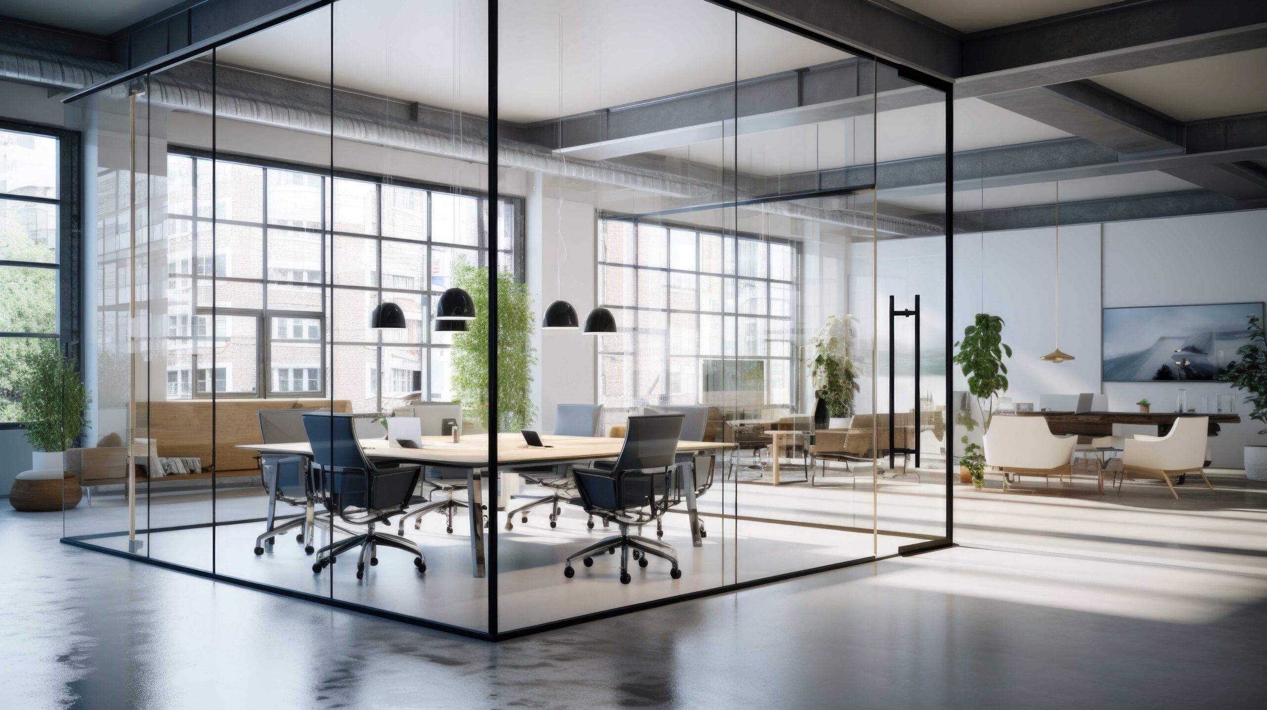 Modernes und stilvolles Büro mit transparenten Glaswänden. Professionelles Arbeitsumfeld, Innenarchitektur, in der Ästhetik mit Funktionalität kombiniert wird und so zu Produktivität und Komfort beiträgt