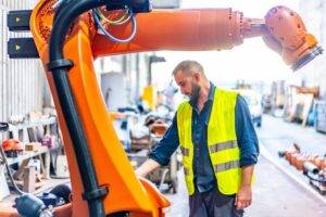 Arbeiter benutzt einen Pinsel, um einen Industrieroboterarm zu lackieren