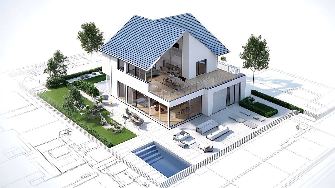 Visualisierung eines Einfamilienhauses mit strukturierter Gartenplanung und Terrassen – zeigt Planungskompetenz im Gartenbau Wiesloch