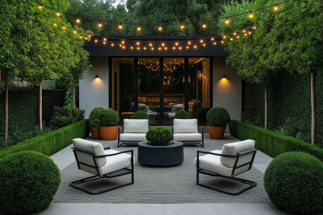 Stimmungsvolle Gartenlounge mit modernen Sesseln, Lichterkette und Formschnittgehölzen – stilvolles Beispiel für Gartenbau Wiesloch