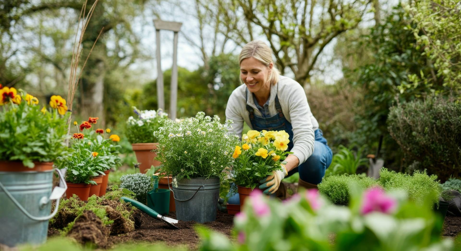 Gärtnerin setzt Blühpflanzen in Beete | Gartenstecker Rost