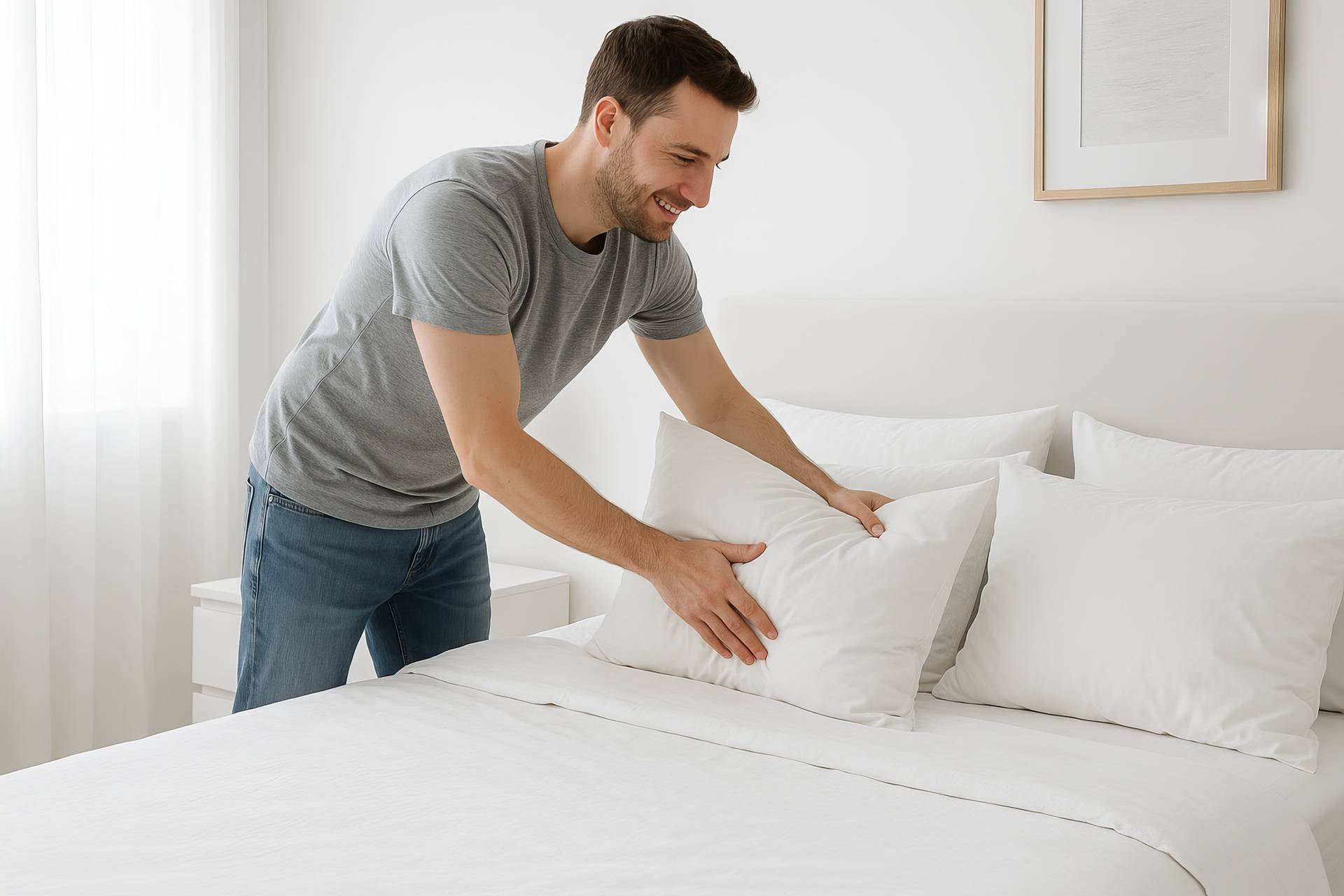 Mann schafft Ordnung im Schlafzimmer und richtet Bett | Entrümpler Neuss
