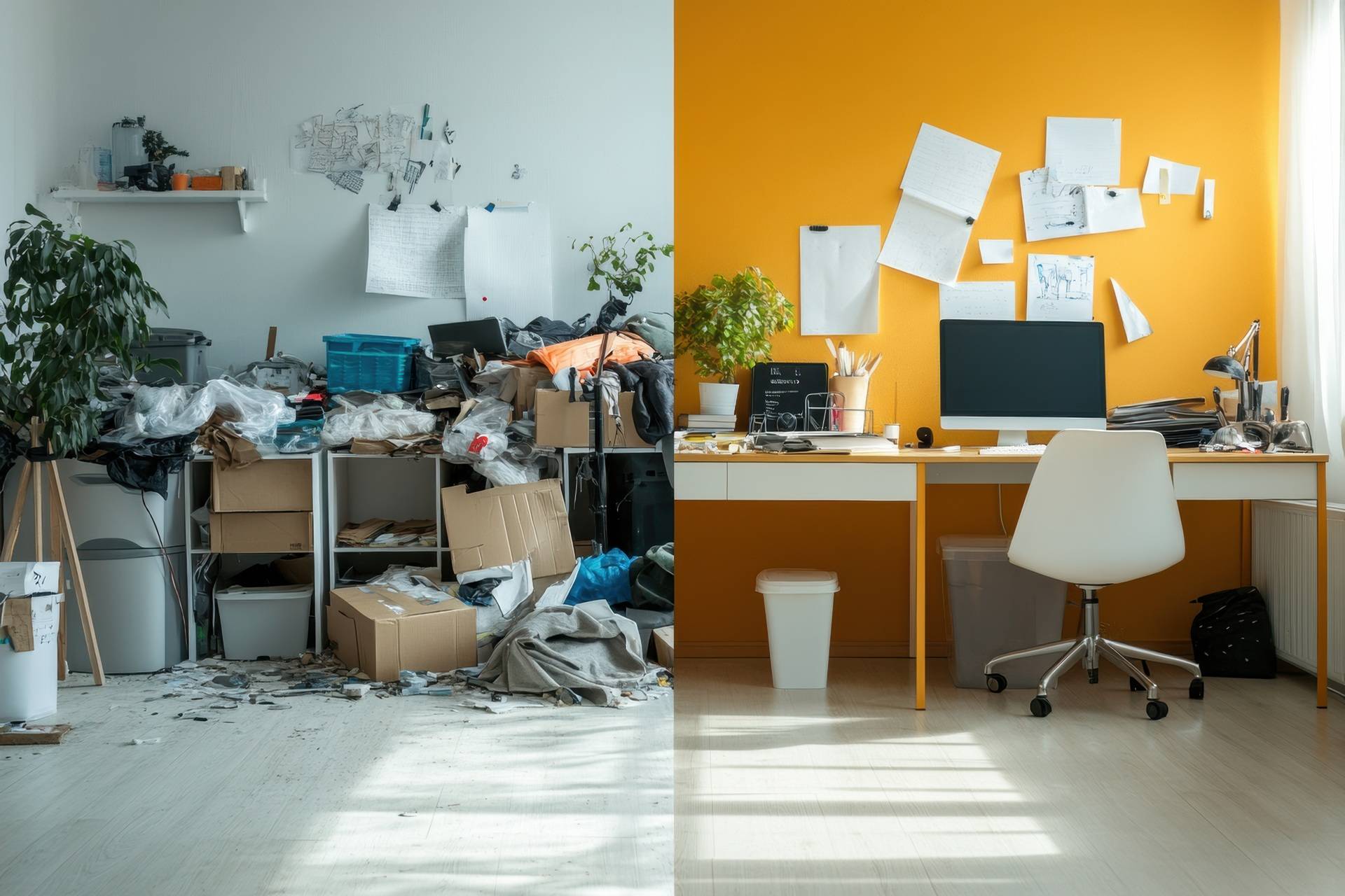 Arbeitszimmer vor und nach gruendlichem Aufraeumen und Ordnung schaffen | Entrümpler Neuss