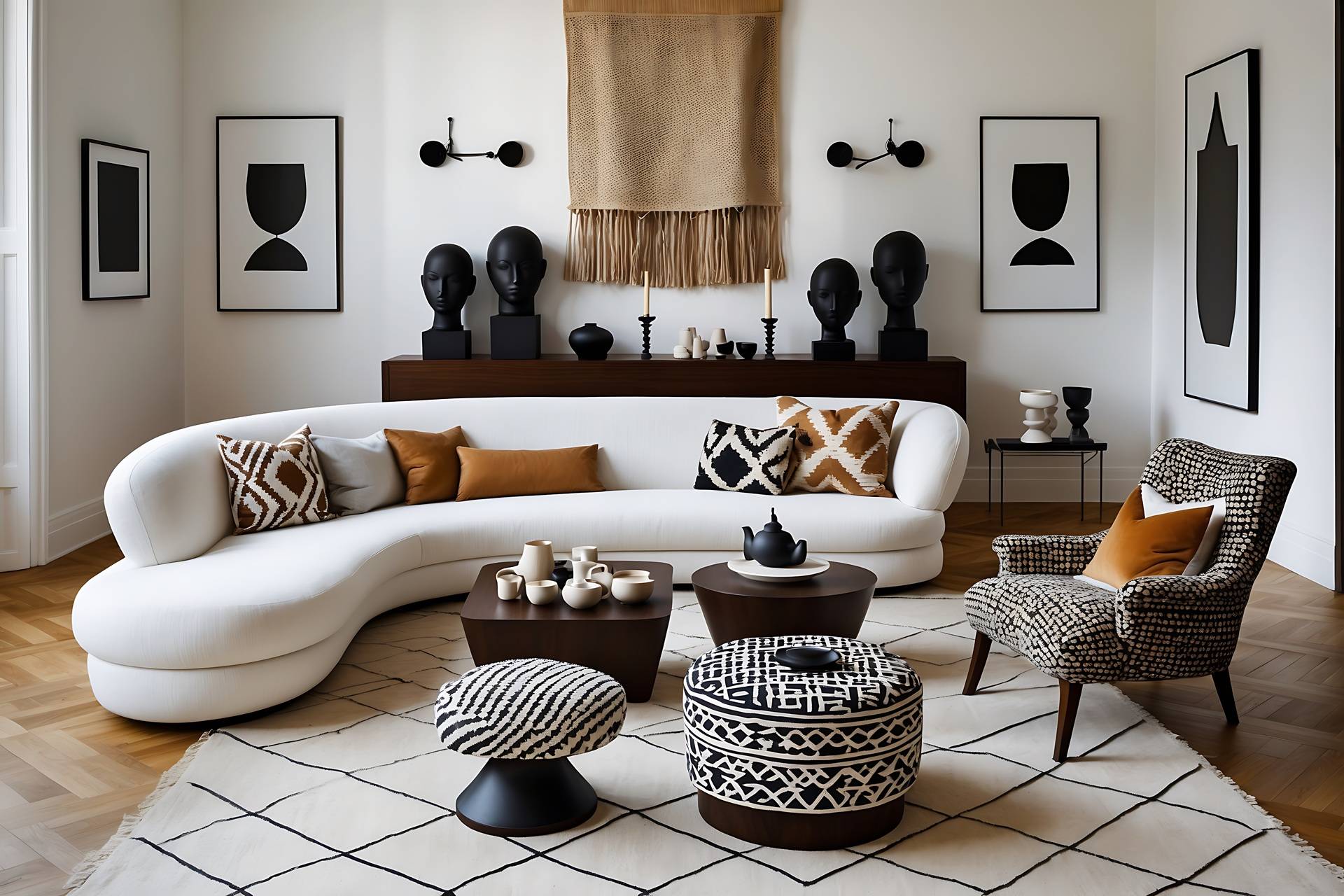 Monochromes Wohnzimmer mit Musterakzenten | Vinylboden kaufen