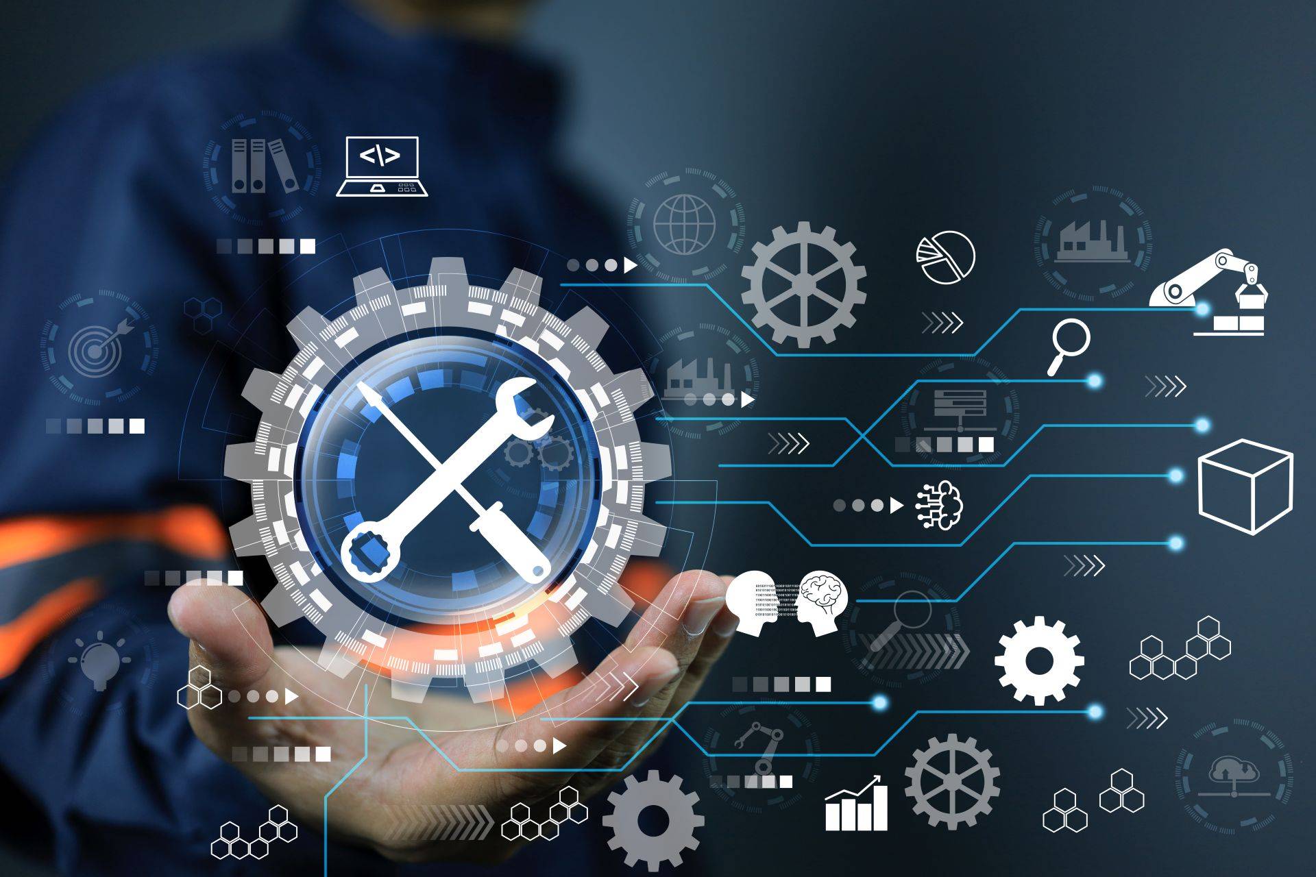 Abstrakte Visualisierung von Industrie 4.0 mit Werkzeug- und Zahnrad-Symbolen als Metapher für moderne Wartungssysteme und Keilriemen Spannrollen