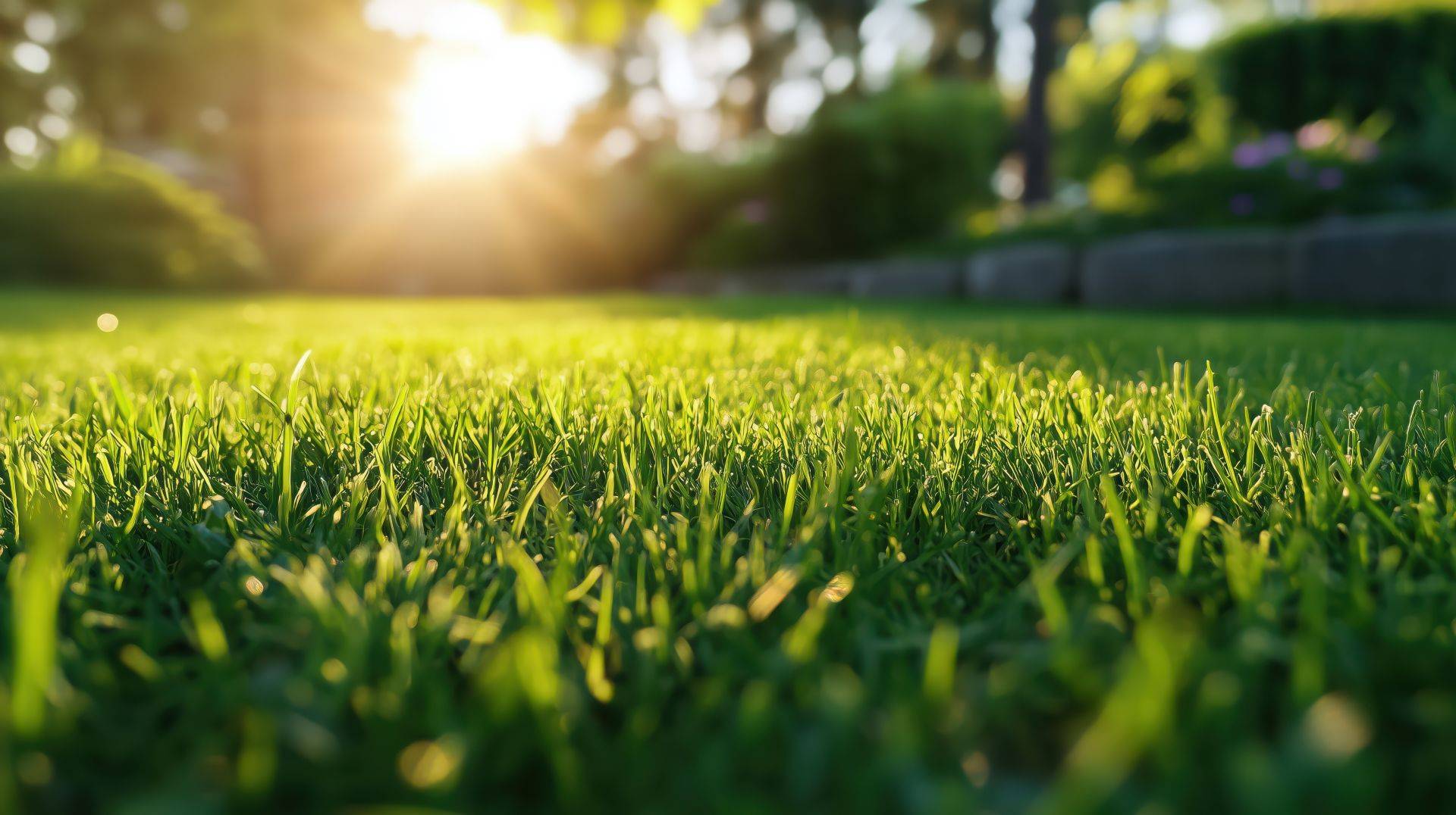 Nahaufnahme einer sonnigen Gartenwiese am Abend, Symbol fuer Freizeit und Entspannung
