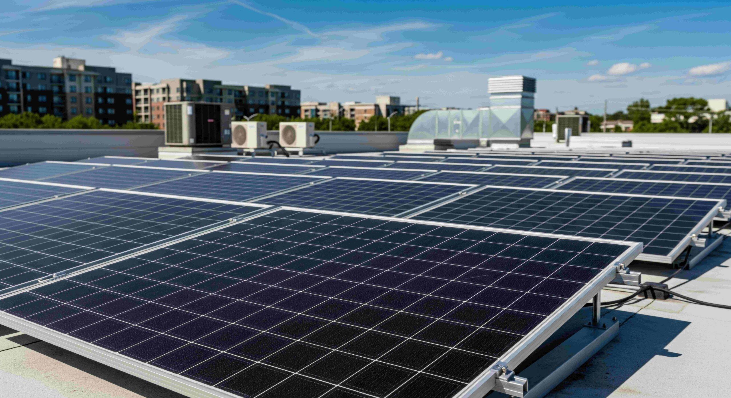 Solarmodule auf dem Flachdach eines Wohngebäudes mit Lüftungseinheiten, Wohngebäuden, Grünflächen und blauem Himmel im Hintergrund