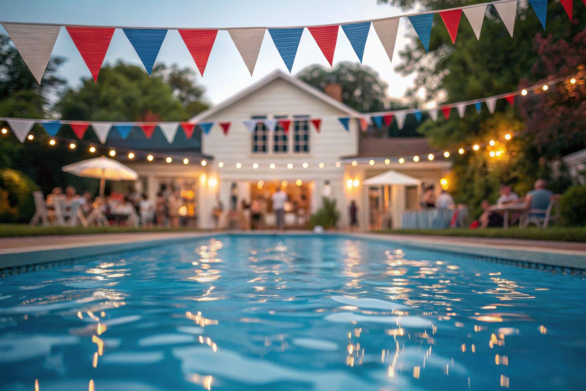 Pool im Garten mit Lichterketten und feiernden Gaesten im Hintergrund, stimmungsvolle Freizeitgestaltung