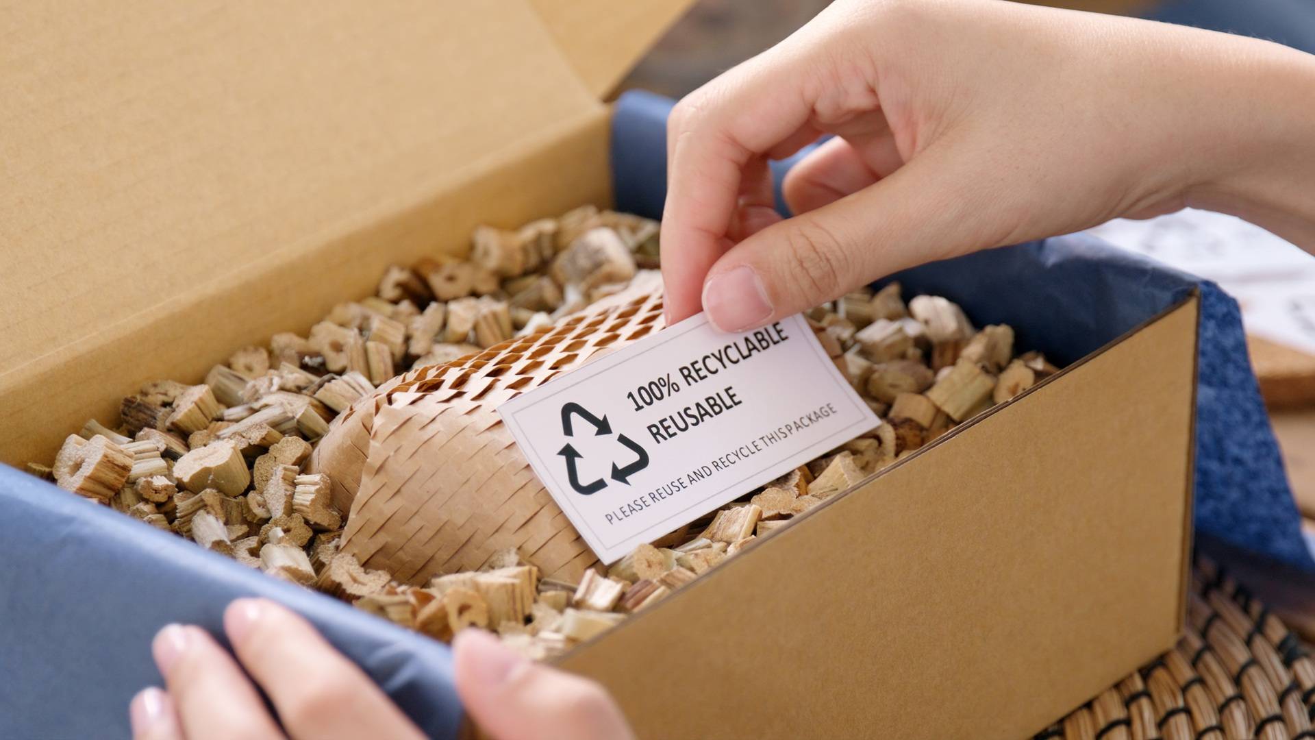 Recyclingfähige Verpackung mit Nachhaltigkeitsetikett | Luftpolstermaschine
