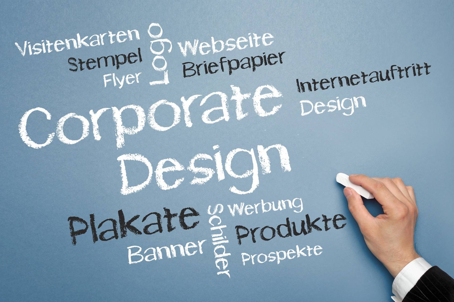 Wörter rund um Corporate Design auf blauer Wand mit Kreide geschrieben | Roll Up Banner